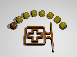 Fototapete - pharmacy icon surrounded by the text of individual letters, 3D illustration