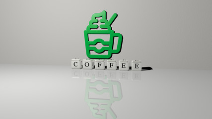 Poster - COFFEE text of cubic dice letters on the floor and 3D icon on the wall, 3D illustration