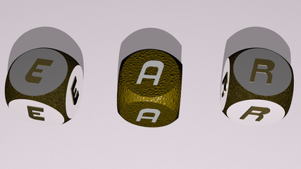 Poster - EAR combined by dice letters and color crossing for the related meanings of the concept, 3D illustration