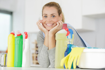 happy cleaner girl with chestnut hair working