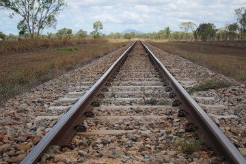 Wall Mural - Closeup shot of an empty railway track under a blue sky