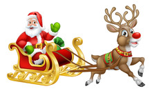 Santa Claus In Christmas Sled Or Sleigh Pulled By His Reindeer Cartoon