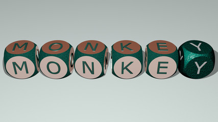 Poster - crosswords of MONKEY arranged by cubic letters on a mirror floor, concept meaning and presentation, 3D illustration
