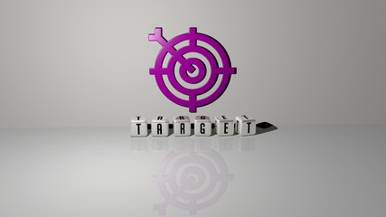 Poster - TARGET text of cubic dice letters on the floor and 3D icon on the wall, 3D illustration