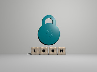 Poster - lock 3D icon on the wall and cubic letters on the floor, 3D illustration