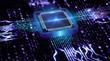 Futuristic neon microprocessor on blue background. Microchip for data exchange. 
