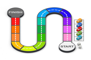 A driving school board game. 5 cars. Two dice. 3D rendering
