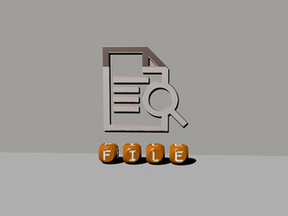 Fototapete - 3D representation of FILE with icon on the wall and text arranged by metallic cubic letters on a mirror floor for concept meaning and slideshow presentation, 3D illustration