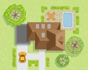 House with garage, lawn and trees. Top view.