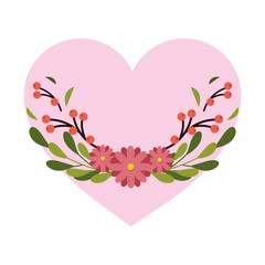 Sticker - pink flowers with leaves wreath in front of heart vector design