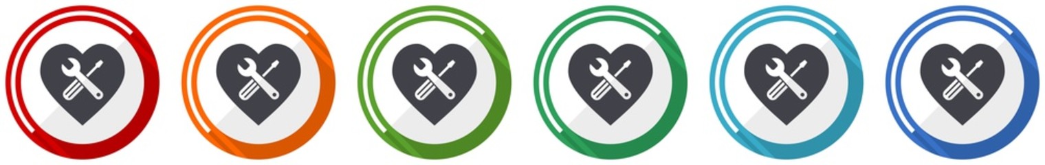 Aufkleber - Tools in heart shape icon set, flat design vector illustration in 6 colors options for webdesign and mobile applications
