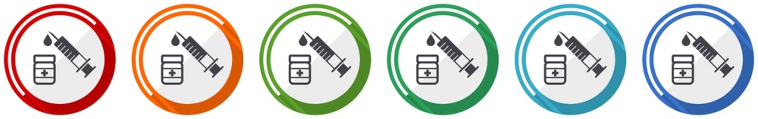 Poster - Vaccine, syringe icon set, flat design vector illustration in 6 colors options for webdesign and mobile applications