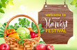 Harvest festival poster design. Invitation for crop fest with signboard and basket with vegetables. Vector illustration.