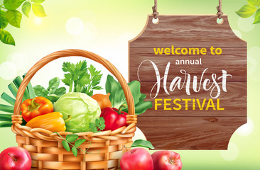 Harvest festival poster design. Invitation for crop fest with signboard and basket with vegetables. Vector illustration.