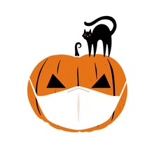 Halloween 2020 Coronavirus Greeting Card With Black Cat And Orange Pumpkinin In White Medical Face Mask. Concept Of Coronavirus People Lifestyle, Holiday Celebration. Vector Illustration