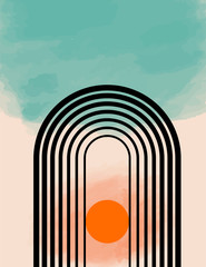 Poster - Abstract contemporary vector background with rainbow, sun, clouds. Sky landscape after rain in modern simple flat style with texture effect. Boho wall decor design