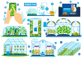 Greenhouse agriculture technology vector illustration set. Cartoon flat modern tunnel farm greenhouses with farmer workers and robot equipment, agritech smart control farming system isolated on white