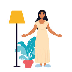 Wall Mural - indian woman cartoon with plant and lamp vector design