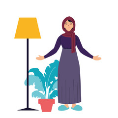 Poster - muslim woman cartoon with plant and lamp vector design