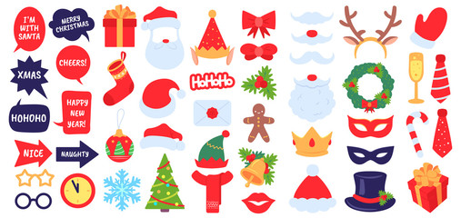 Sticker - Christmas photo props. New year party, photo booth with masquerade decor santa hat and beard. Elf hat, gift, xmas stocking vector set. Accessories and decoration as envelope, fir tree, holly berry