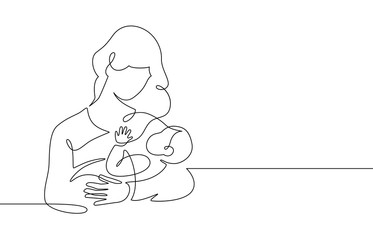mother and baby line. mom hugs child. motherhood and newborn concept. happy woman holds toddler cont