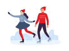 Winter Sport Activities. Friends Skiing Together Wearing Warm Clothing. Young Girl And Boy Spending Leisure Time Actively On Ice Rink Or Frozen Lake. Happy Couple Vector Illustration