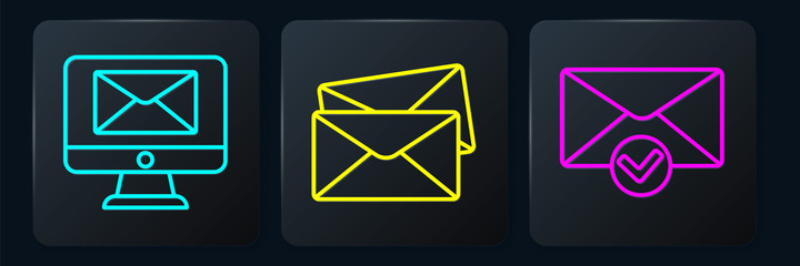 Poster - Set line Monitor and envelope, Envelope and check mark and Envelope. Black square button. Vector.