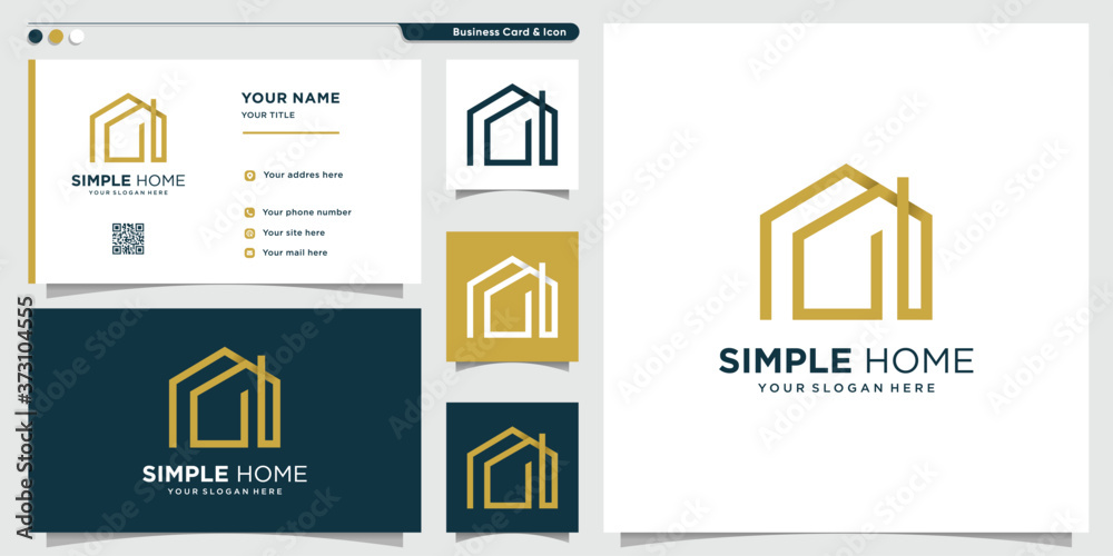 Simple home logo with golden line art style and business card design ...