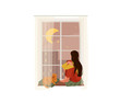© zaie - Young romantic girl with long hair looking through window while sitting on sill at home with next to a ginger tabby cat who licks his paw. Vector illustration of thinking, dreaming design concept