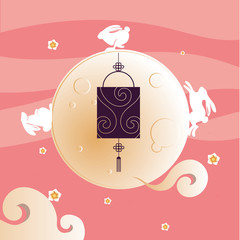 Sticker - moon with rabbits clouds and lantern on pink, background vector design