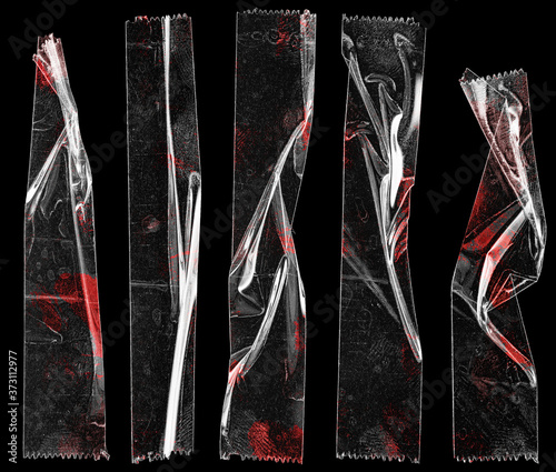 Fotomural set of transparent adhesive tape or strips isolated on black background with blood remain, crumpled plastic sticky snips, crime poster design overlays or elements