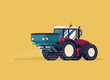 Modern four wheel drive tractor with centrifuge fertilizer spreader or broadcast spreader attachment. Field seeding or fertilizing process vector flat style illustration. Agriculture and farming