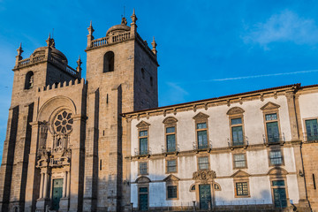 Architectural fragments of Porto Cathedral (Se do Porto) or Cathedral of Assumption of Our Lady in historical centre of city of Porto. Se Cathedral built in 12th century by Bishop Hugh. Portugal. 