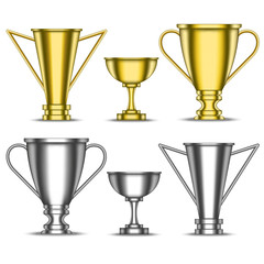 Gold and silver trophy cups, set of sports metal awards for winner awards ceremony of various forms, realistic 3d vector model isolated on white