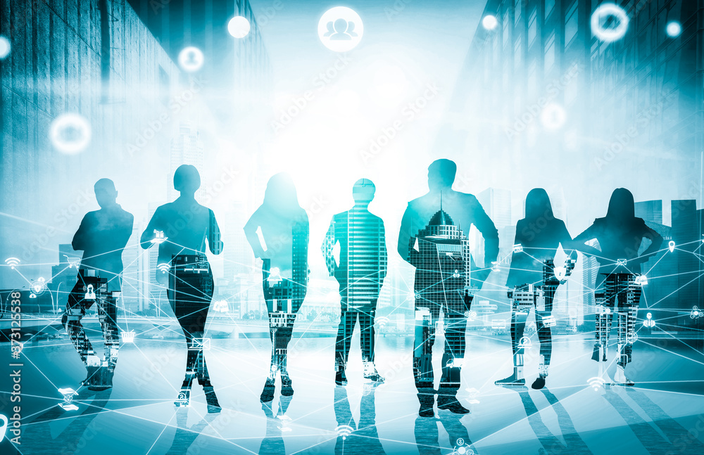 Creative image of many business people conference group meeting on city ...