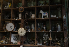 Bangkok, Thailand - Jun 26, 2020 : Wall Clocks And Collectibles On Handmade Wooden Rustic Wall Shelf In Living Room Vintage Style. No Focus, Specifically.