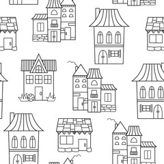  Seamless pattern with country house. Vector illustration. Coloring book page.