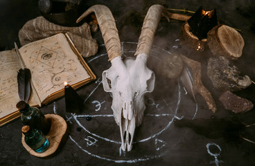 Sticker - White goat scull with horns, open old book (text - untranslatable, fictional language), runes, black candles and herbs on witch table. Occult, esoteric, divination and wicca concept. Halloween concept