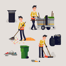 Creative Vector Illustration On City Street Cleaner At Work In Trendy Flat Style. Cheerful Cleaning Service Professional Removing Litter And Waste From Street Surface