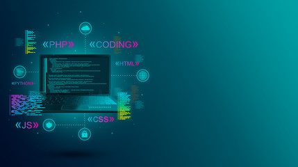 Web development, coding and programming of a site or application. Digital laptop software. Program code on a laptop. Software development, web coding on laptop. Programming languages. Landing page