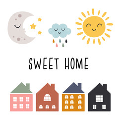 Wall Mural - set of bohemian baby icons with house, moon, clouds, sun - vector illustration, eps