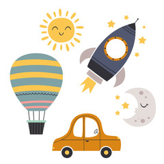 Wall Mural - set of bohemian baby icons with transport, moon, sun - vector illustration, eps