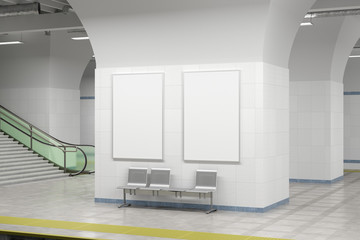 Two blank posters mock up on the wall of underground subway station.