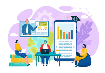 Wall Mural - Internet university, student study at distance education concept vector illustration. Online knowledge technology at flat digital smartphone app. People character use mobile course.