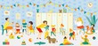 Teacher with kindergarten class, classrom interior vector illustration. Group kid education in childhood, cartoon preschool with boy girl character. Little people children in room, play with toy.