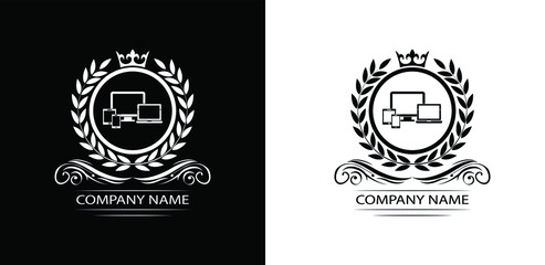 Poster - Smart Devices logo template luxury royal vector service company. Phone , tablet, laptop , computer shop decorative emblem with crown