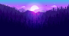 Sunset Over Forest At Night - Nature Landscape Scene At Dawn With Trees, Mountain, Sunlight And Sky. Vector Illustration.