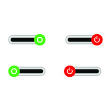 Set Of 4 On Off Slider Style Power Buttons With Grey Background, The Off Buttons Are Enclosed In Red Circle And The On Buttons In Green Circle,
