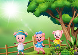 Fototapeta Dinusie - Three little pig playing at nature background