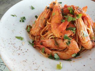 Sticker - Closeup shot of pasta with seafood in white plate